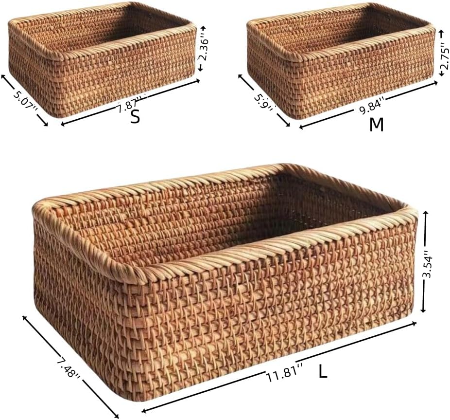 Natural Rattan Storage Baskets Set of 3 natural rattan Rectangular braided wicker box,fruit basket wicker basket, baskets for Organizing Container Bins for Shelves Cupboards Drawer