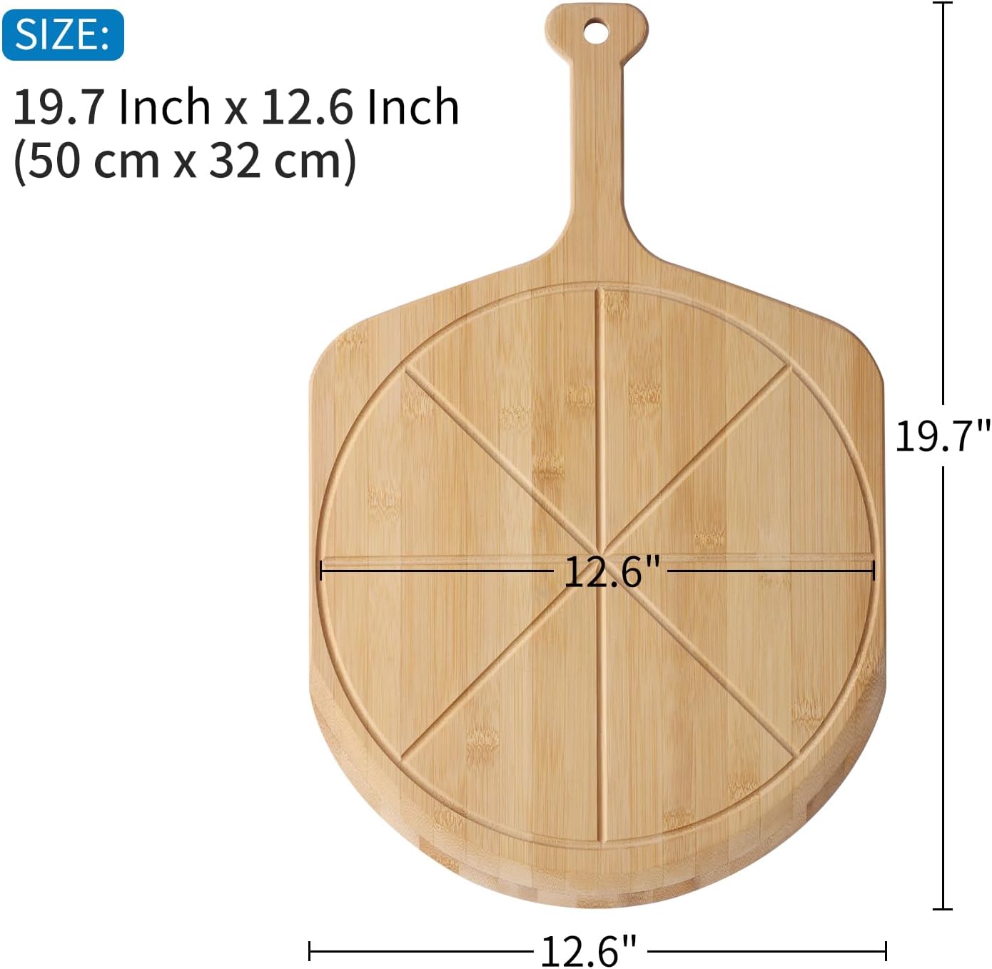 12.6” Bamboo Pizza Peel - Lightweight Smooth Wooden Pizza Paddle and Pizza Cutting Board with 8 Slice Grooves, Outdoor Pizza Oven Accessories, 19.7 Inch x 12.6 Inch