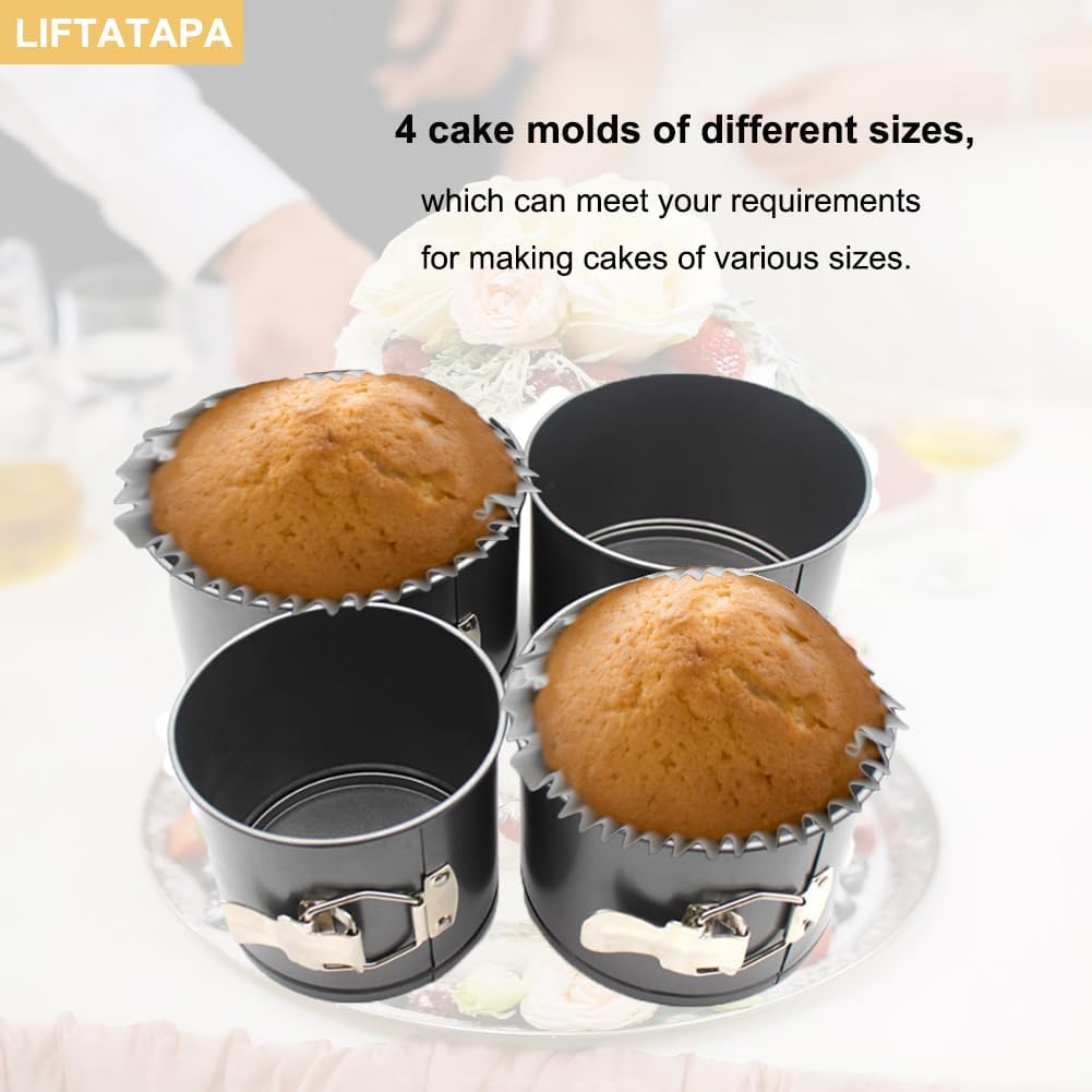 4Pcs Springform Pan (4inch, 5inch, 6inch, 7inch), Non-stick Cake Tin for Baking, Detachable Bottom Carbon Steel Cheesecake Mold Deep Dish Pans Round Cake Molds(Black)