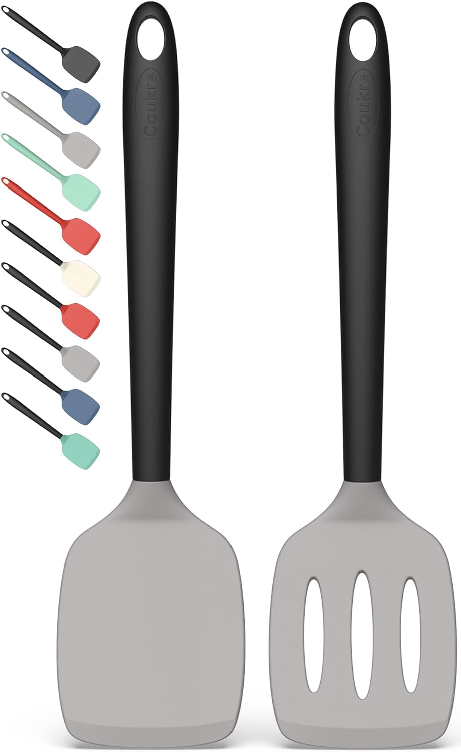 Coukre 2 Pack Silicone Spatula Set, High Heat Resistant, BPA Free Kitchen Spatula, Solid & Slotted Turner for Non-Stick Pans, Sautéing, and Flipping (2, Gray)