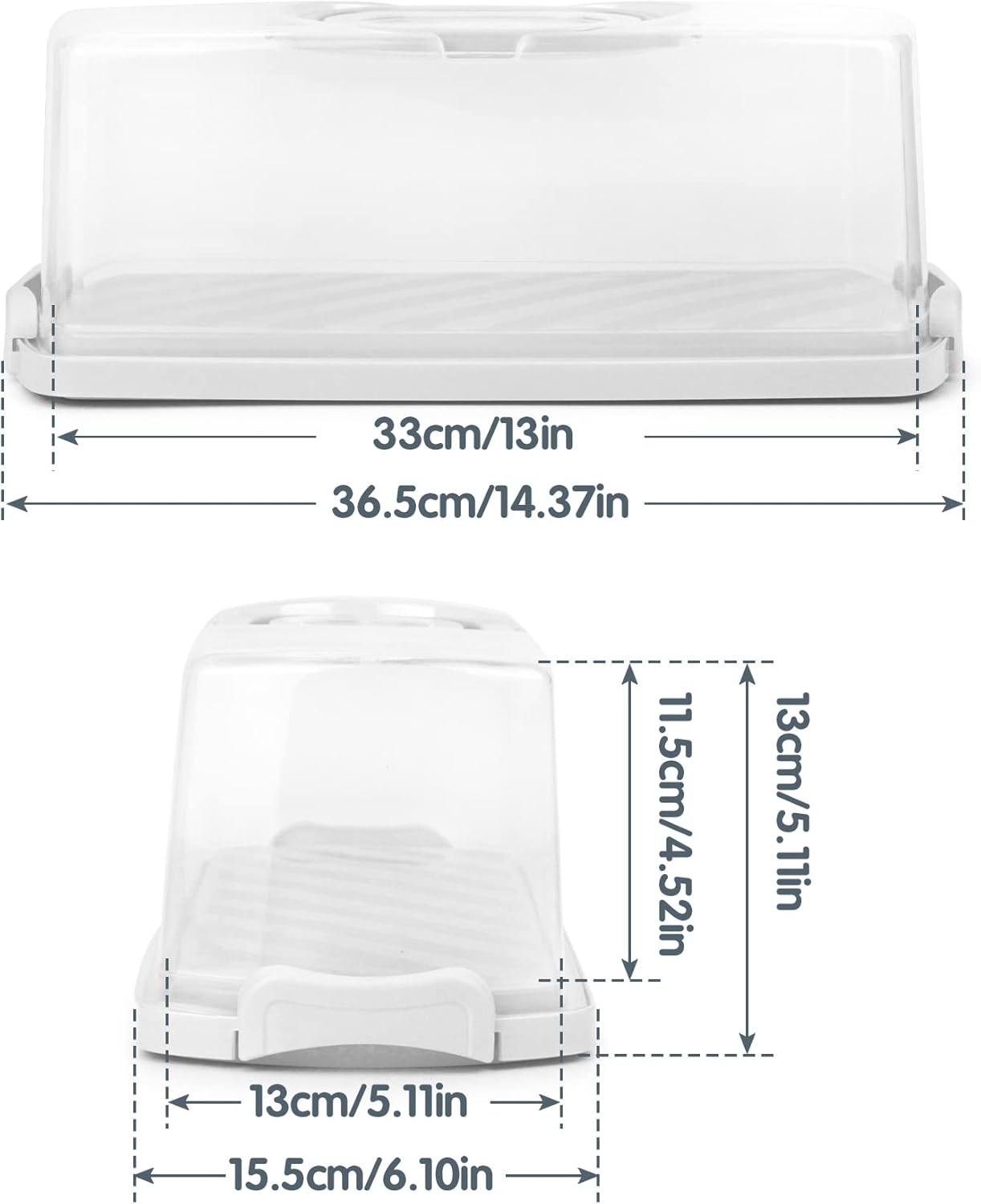 2-Pack Plastic Rectangular Bread Box with Clear Lid, Loaf Cake Keeper, Portable Bread Keeper Storage Container with Handle (White)