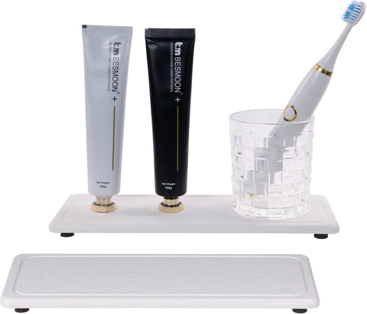 2 Pcs Water Absorbing Stone Trays, Kitchen/Bathroom Sink Soap Dish, Diatomite Tray Used for Hand Soap & Cosmetic Bottles in The Modern Home, 4" W x 10.2" L, White