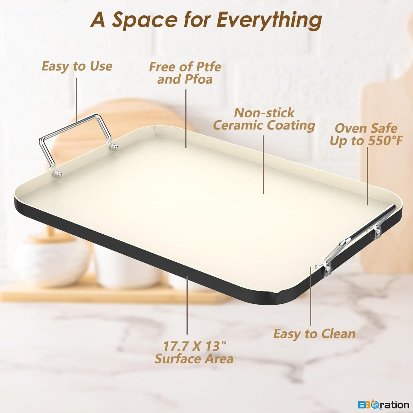 17.7" x 13" Burner Griddle Pan for Stove Top Oven, Stainless Steel Handles, Non Stick Ceramic Griddle Pan Griddle Skillet, PTFE Free PFOA Free, Black