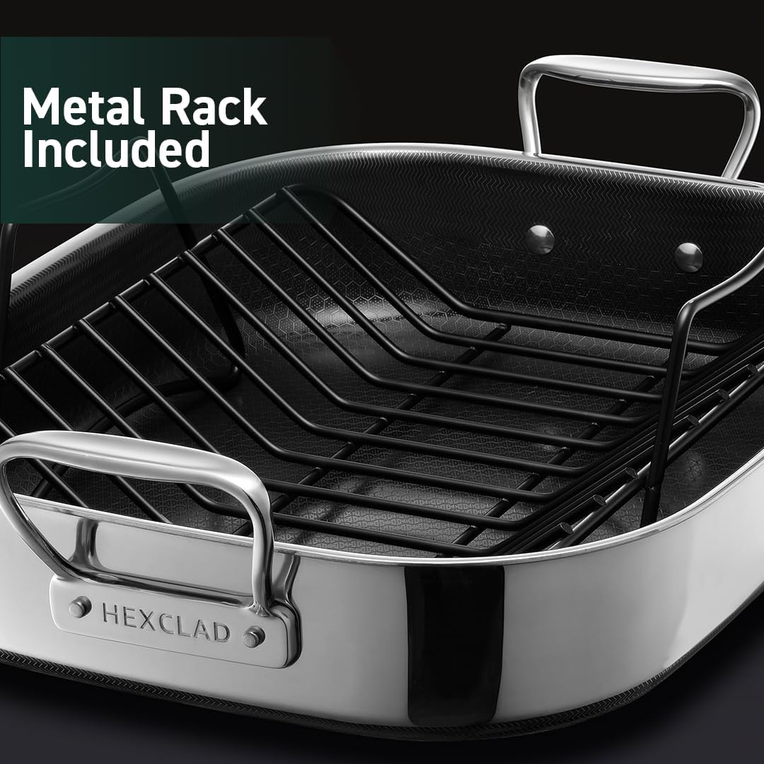 HexClad Hybrid Nonstick Small Roasting Pan with Rack, Dishwasher-Friendly, Oven-Safe Up to 900°F, Compatible with All Cooktops
