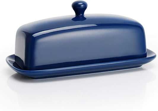 Sweese Butter Dish with Lid, Porcelain Butter Keeper, 7.8 Inch Butter Holder with Handle Cover, Butter Container Perfect for East West Coast Butter, Navy