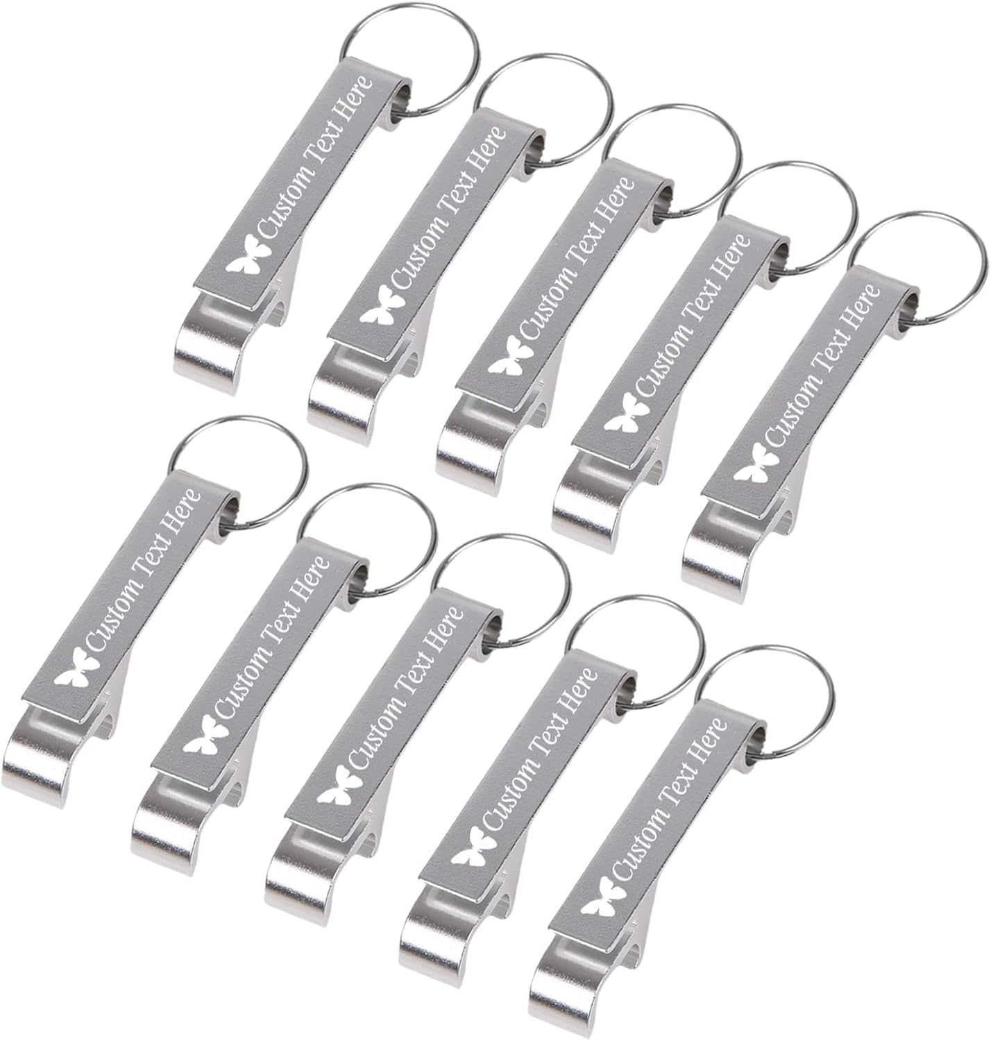 10PCS Personalized Bottle Opener Keychain Bulk Custom Beer Bottle Opener with Logo Text Engraved Wedding Bottle Opener Favors Customized Gifts for Guests Baby Shower Birthday Party-Silver