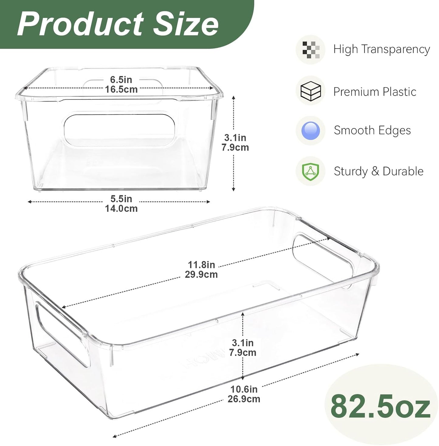 HOMER Set of 6 Refrigerator Organizer Bins, Pantry Organization and Storage Bins, Fridge Organizers with Cutout Handles, Clear Plastic Storage Bins for Pantry - BPA Free Kitchen Organizers
