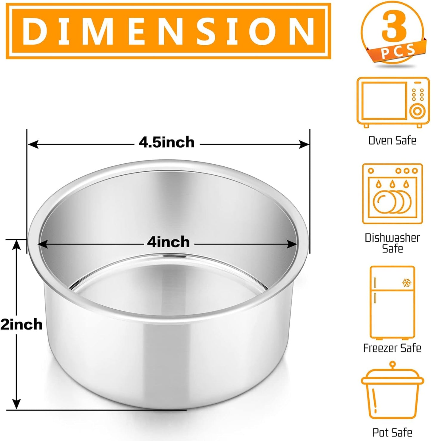 P&P CHEF 4 Inch Round Cake Pan Set of 3, Stainless Steel Round Baking Layer Pans Bakeware for Layer Birthday Cake, Fit Oven/Pots/Pressure Cooker, Leakproof & Dishwasher Safe, Silver