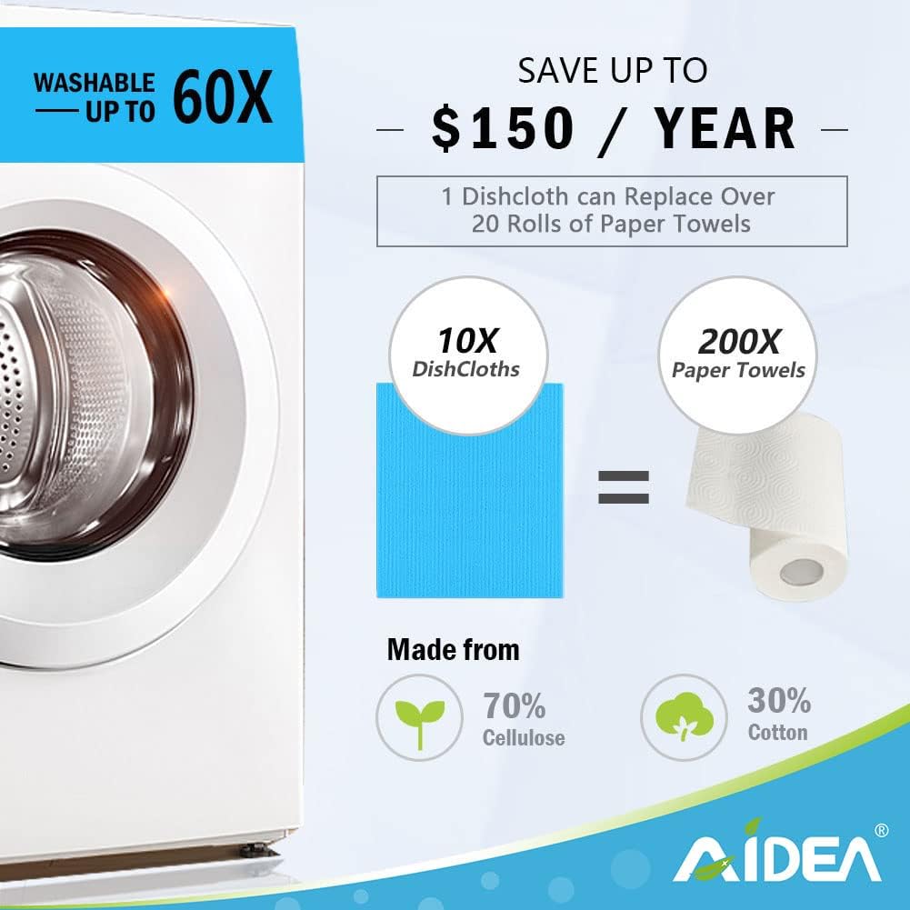 AIDEA Swedish Dishcloths for Kitchen-10PK, Absorbent Sponge Dish Cloth, Dishcloths for Washing Dishes, Reusable Paper Towels Dish Cloths, Swedish Towels for Home, Kitchen, Glass, 7" x 6"