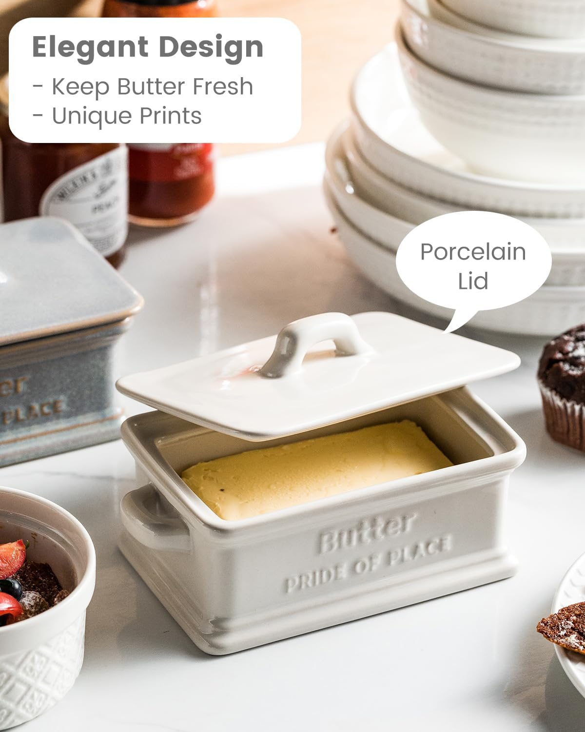 Butter Dish with Lid, Ceramic Butter Dish for Countertop Butter Holder Container Large Butter Keeper for East West Coast Butter, White
