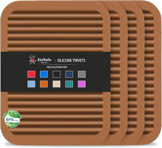 Joyhalo 4 Pack Silicone Trivets for Hot Pots and Pans,480℉ Heat Resistant Trivets for hot Dishes,Hot Pads for Countertop,Kitchen Potholders,Brown