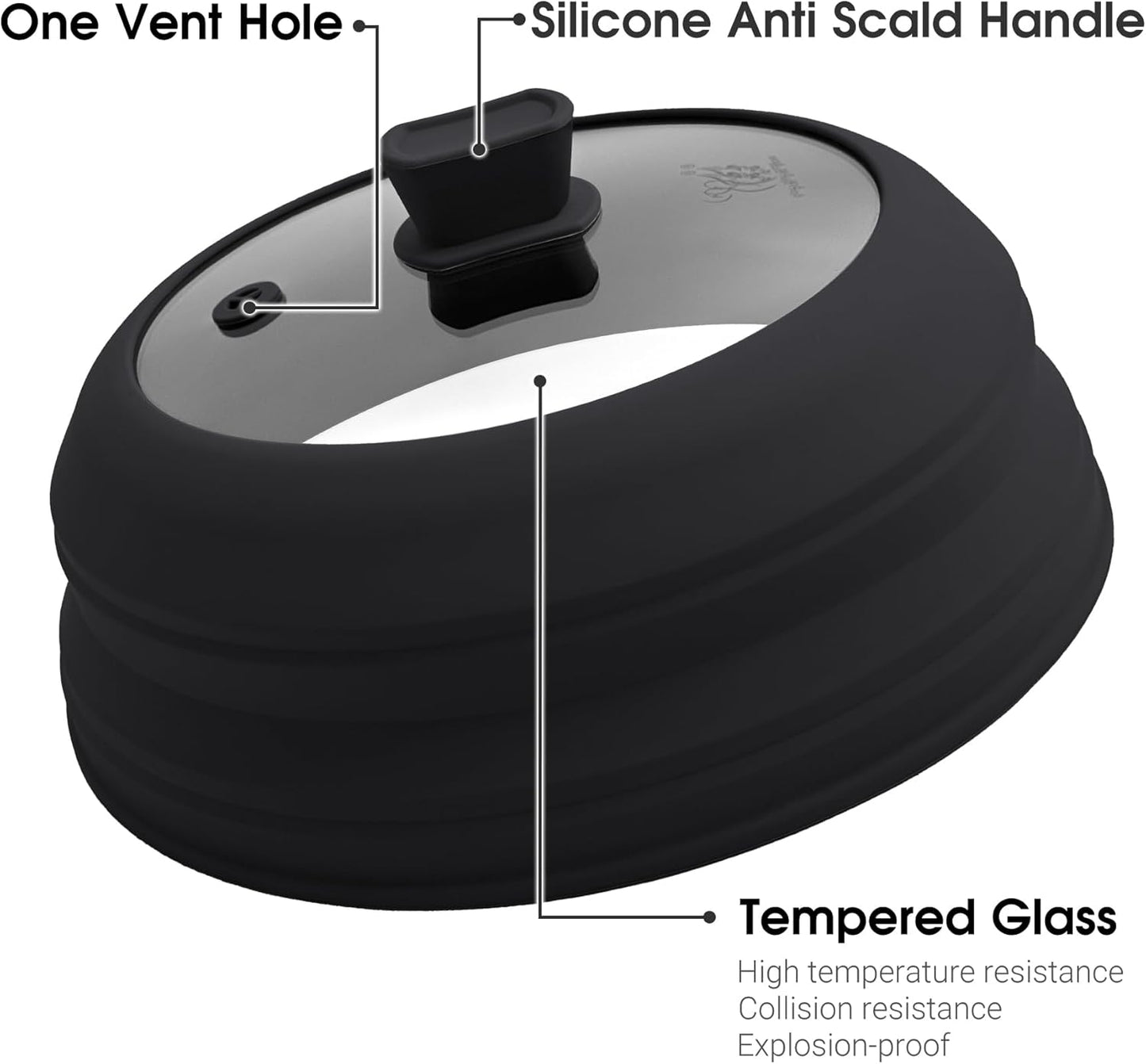 Microwave Splatter Cover for Food Collapsible Glass Microwave Cover Silicone Splatter Guard Dishwasher Safe Splatter Lid for Plates, Bowls, Pots & Stovetop Cooking 11.8" Black