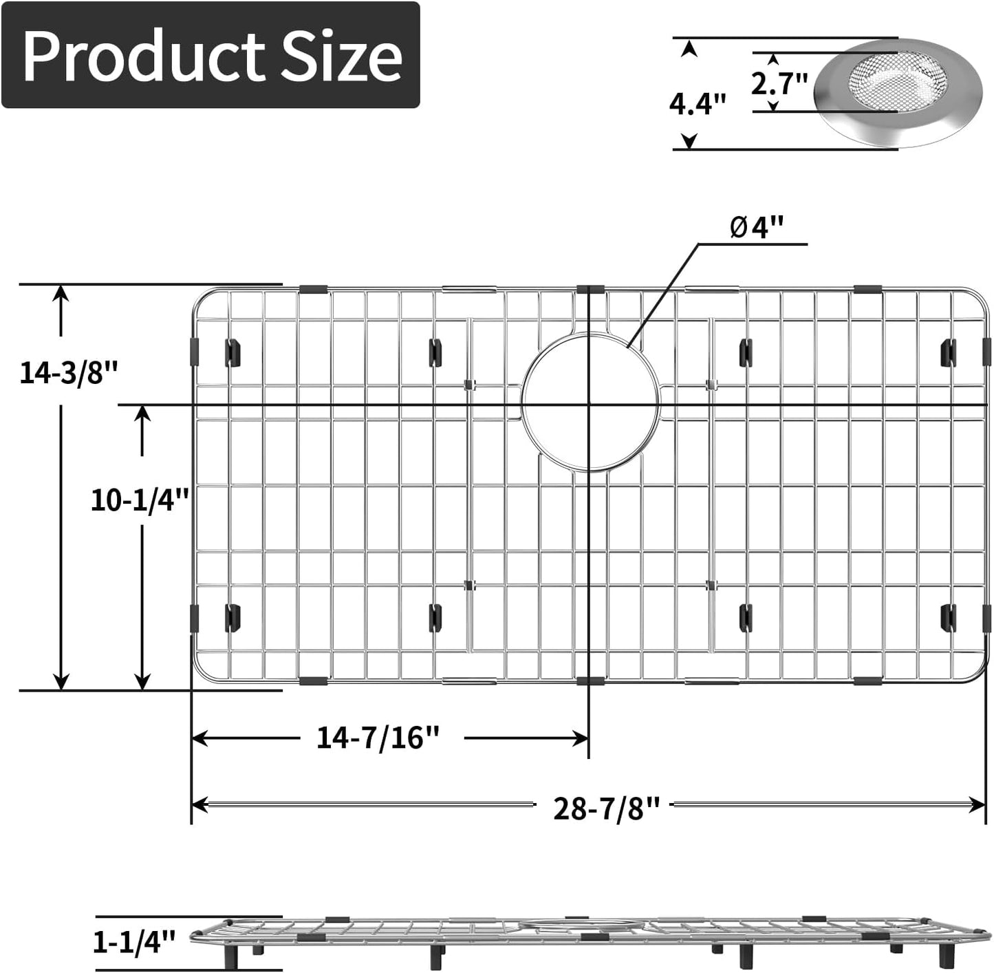 28-7/8’’ x 14-3/8’’ Stainless Steel Sink Protector, Sink Protectors for Kitchen Sink, Sink Grid, Sink Grate for Bottom with Rear Drain, Metal Sink Rack for Bottom of Sink with Corner Radius