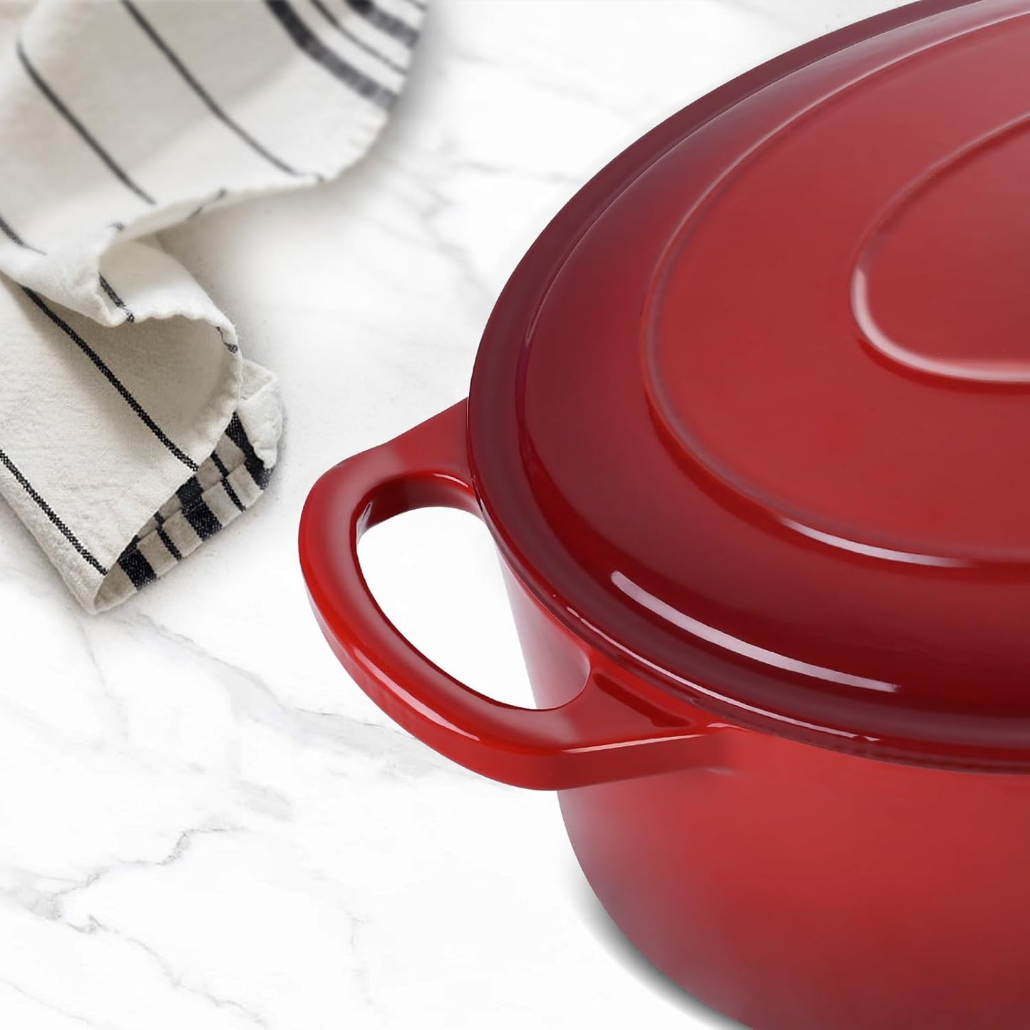 7 Quart Oval Dutch Oven with Lid, Leonyo 7QT Enameled Oval Cast Iron Dutch Oven for Sourdough Bread Breaking, Heavy Duty Cookware for Braising, Stews, Roasting, Red