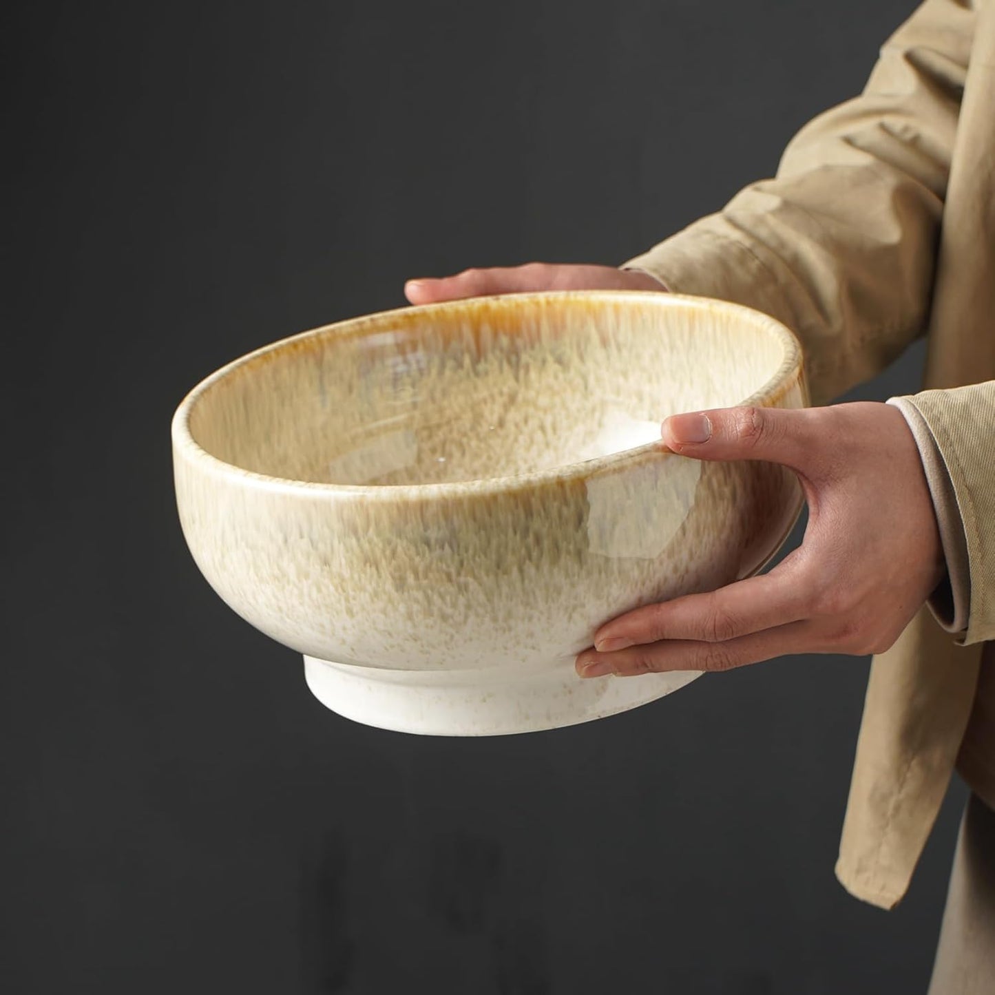 Extra Large Salad Bowl,Decorative Fruit Bowl,Kitchen Ceramic Bowl for Fruit & Salad,120 oz Footed Serving Bowl for Entertaining (tan color)