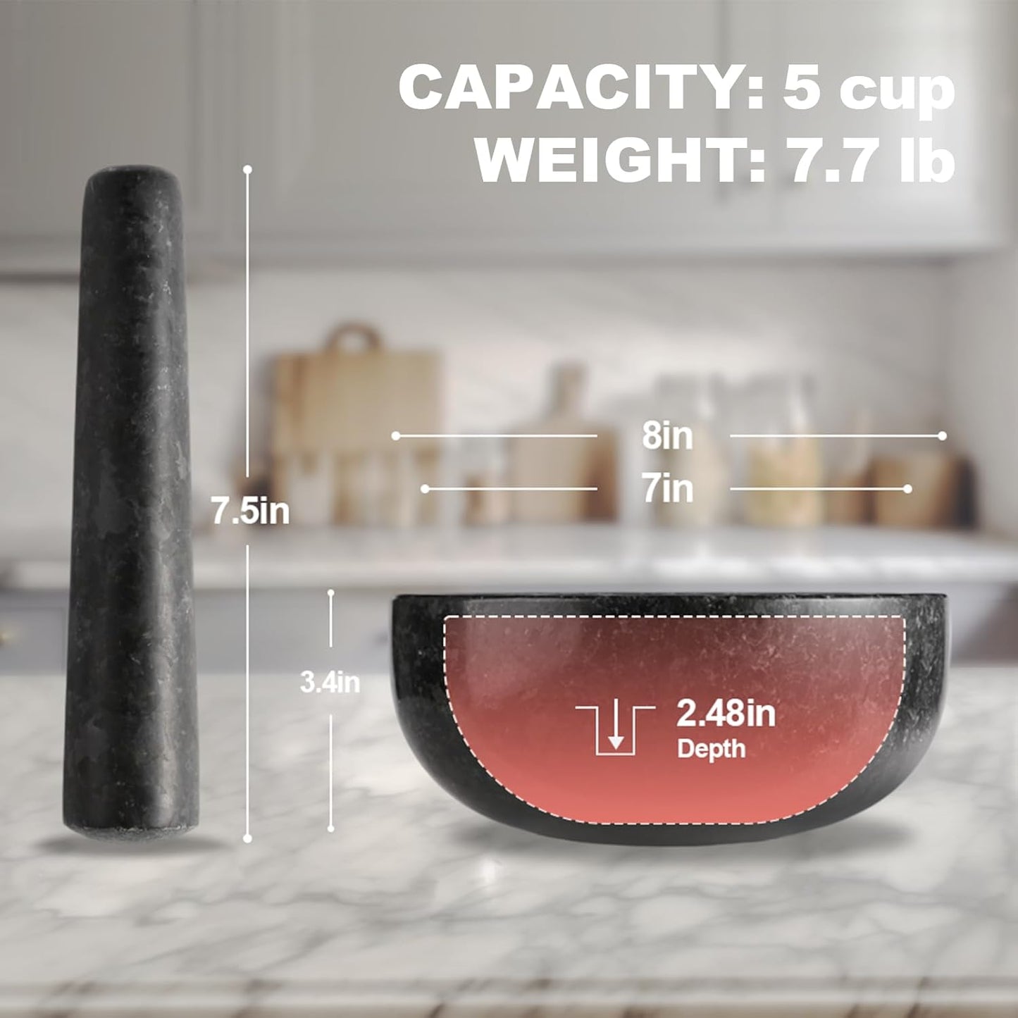 Koville Granite Mortar and Pestle Set, 8" Extra Large Grinder Bowl for Guacamole, Salsa, Pill Crusher, Spice, Herb, Garlic, Nut, Heavy Duty Grinder for Kitchen