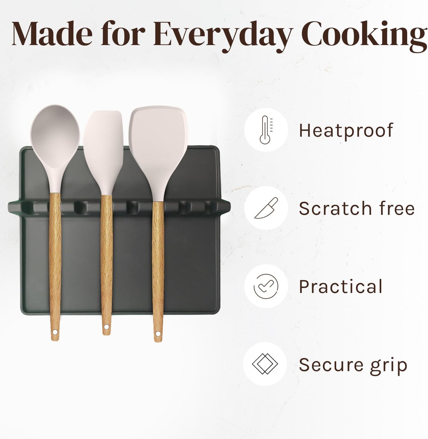 Black Silicone Spoon Rest for Stove Top with Drip Pad (1 Pack) - Heat-Resistant, BPA-Free Utensil Rest & Spoon Holder for Kitchen Counter - Grill Utensil Holder for Spatulas, Tongs, Ladles