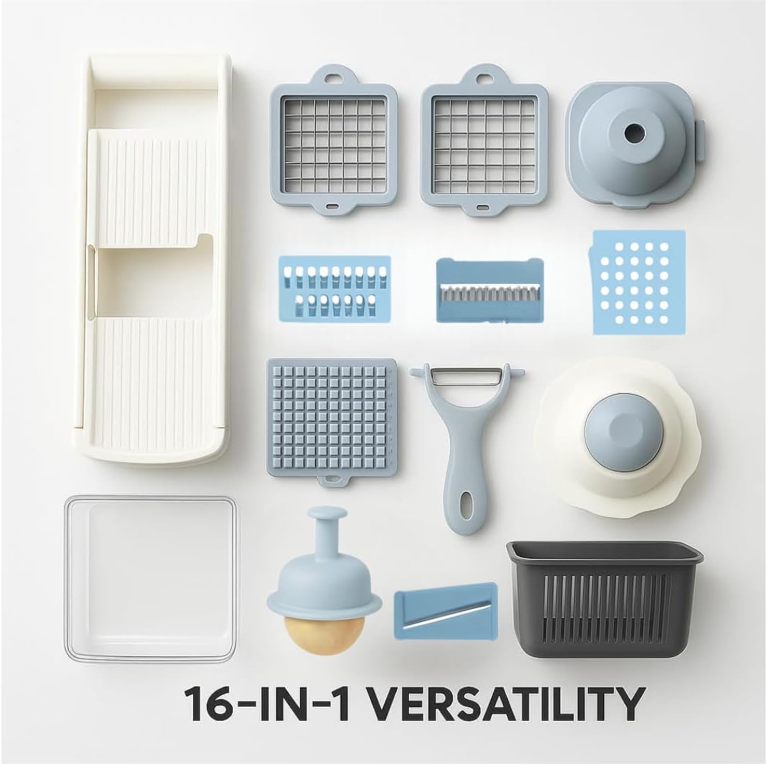 16-in-1 Vegetable Chopper, Mandoline Slicer and Food Processor - Kitchen Essentials for Effortless Food Prep - Includes Salad Spinner, Cheese Grater, Onion Chopper, French Fry Cutter, and More