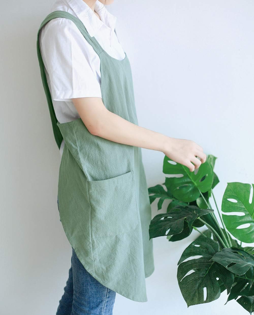 NEWGEM Japanese Linen Cross Back Cooking Aprons for Women Men with Pockets Cute for Baking Kitchen