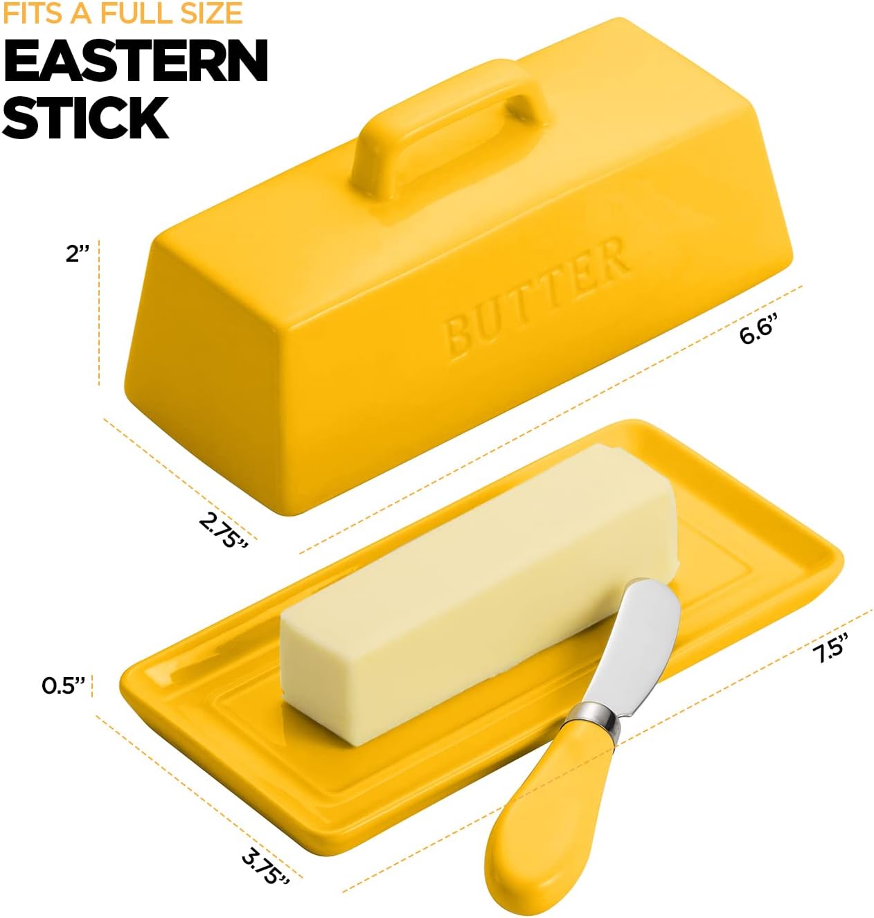 Ceramic Butter Dish Set with Lid and Knife - [Yellow]- Decorative Butter Stick Holder with Handle for 1 Stick of Butter - Microwave Safe, Dishwasher Safe - Anti-Scratch Stickers Included