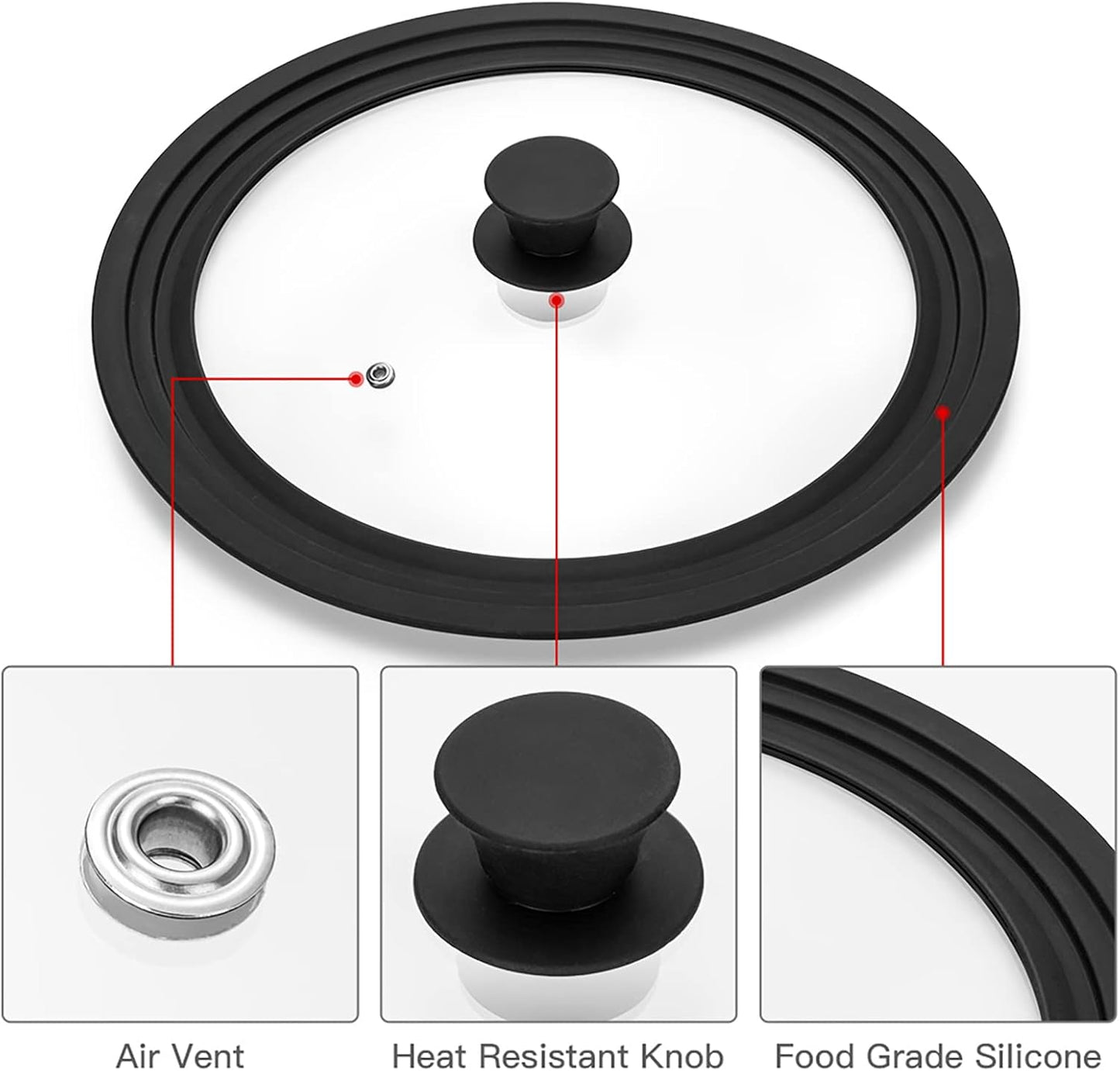 Universal Lid for Pots, Pans and Skillets Vented Tempered Glass with Heat Resistant Silicone Rim, Fits 11 inch, 12 inch, 12.5 inch Cookware, Replacement Lid, Black