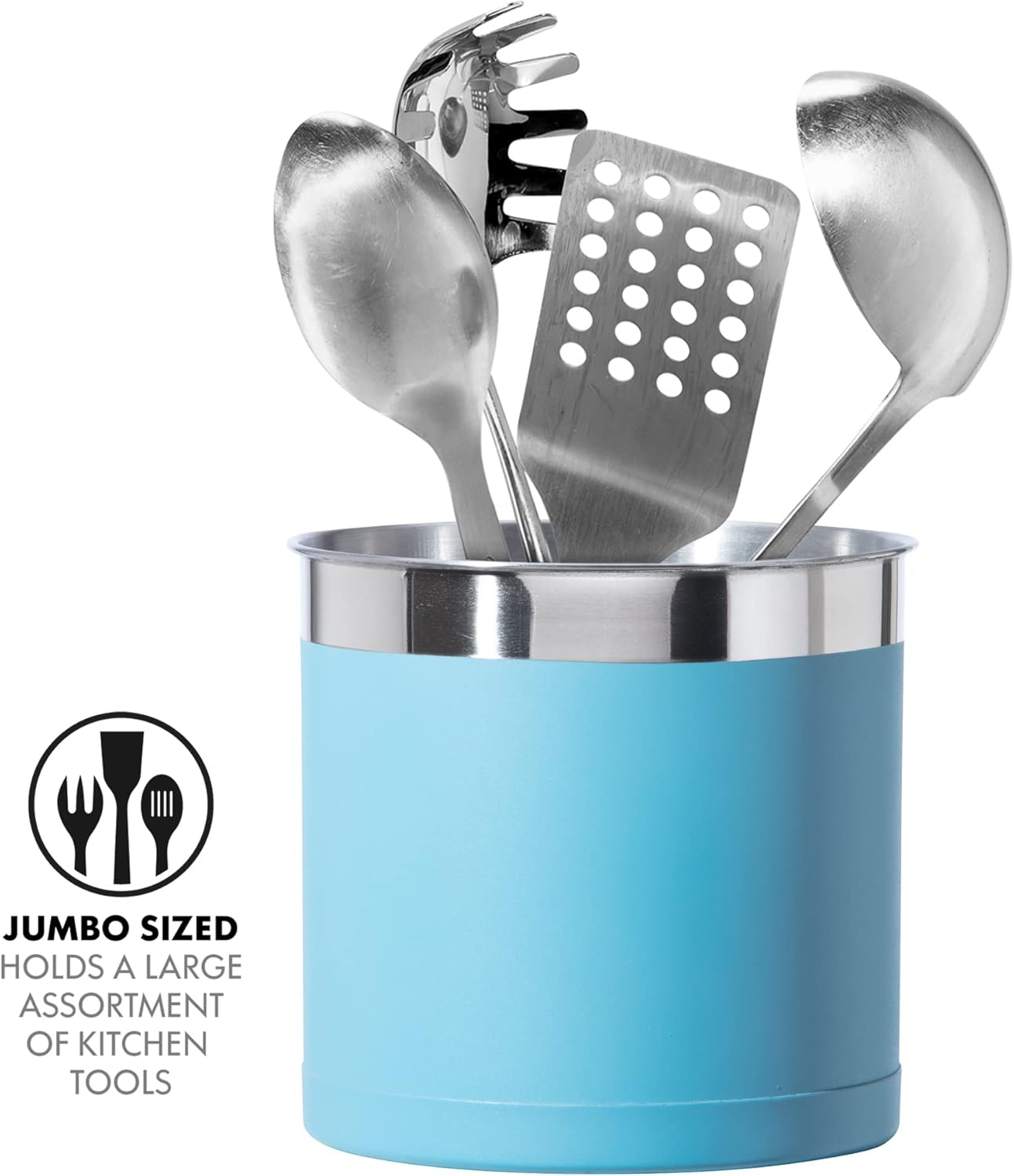 OGGI Stainless Steel Jumbo Utensil Holder - 7" Utensil Caddy, Weighted Base for Stability - Extra Large Utensil Crock and Countertop Utensil Organizer, Turquoise