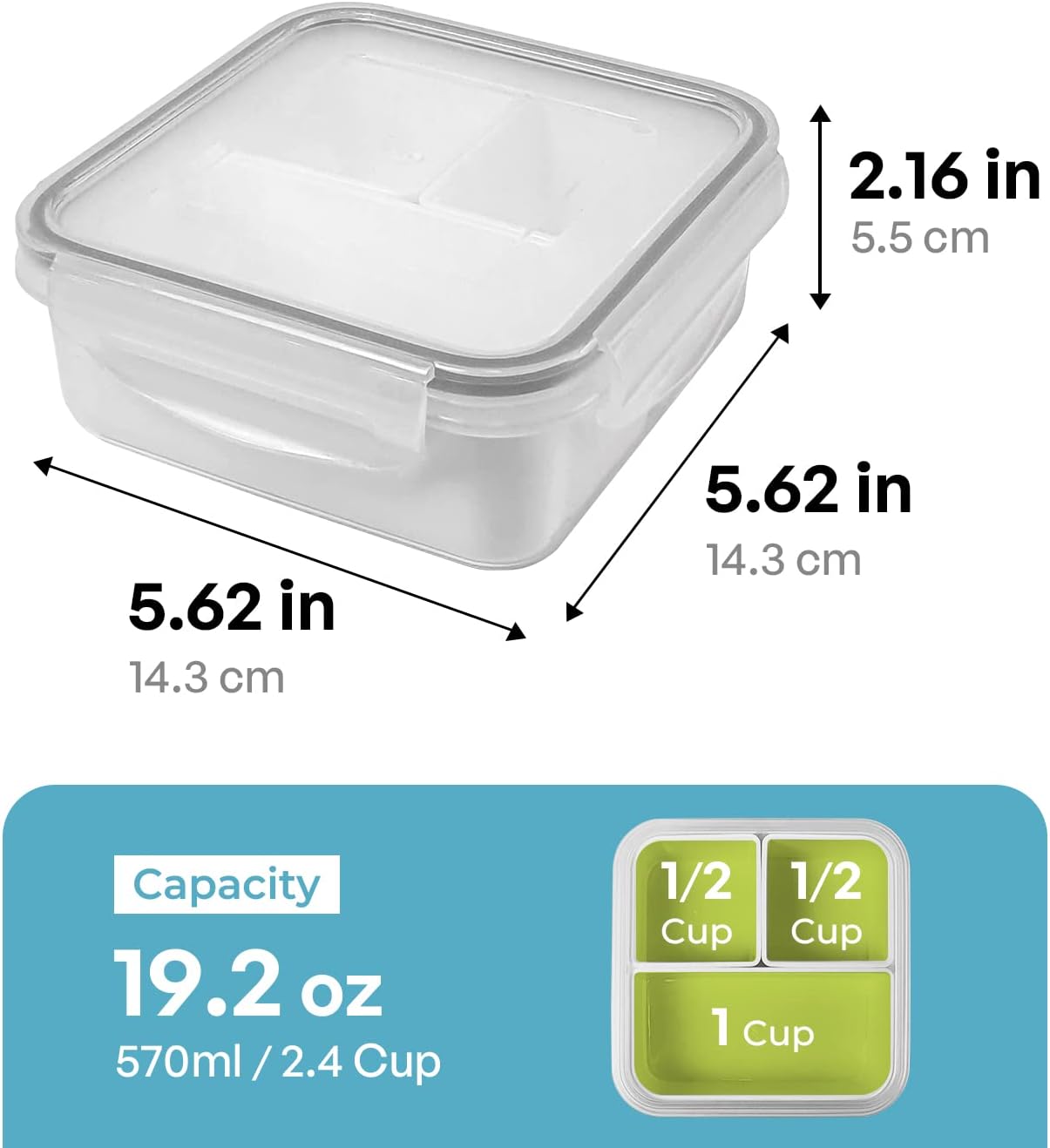 carrotez 3 Compartment Snack Container, Small Divided Food and Snack Container with Lids for Adults, Microwave Safe, BPA Free, Reusable, 2.4 Cup (570ml)