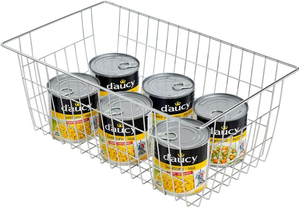 SANNO Freezer Baskets for Storage Pantry Large Metal Wire Food Storage Organizer Bin Basket with Handles - for Kitchen Cabinets, Pantry, Bathroom, Laundry Room, Closets, Garage - Chrome，2 pack
