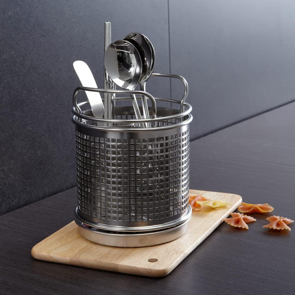 LENITH Stainless Steel Kitchen Round Utensil Holder - Weighted Base for Stability - Utensil Crock With Removable Divider for Easy Cleaning (Round Tulip)