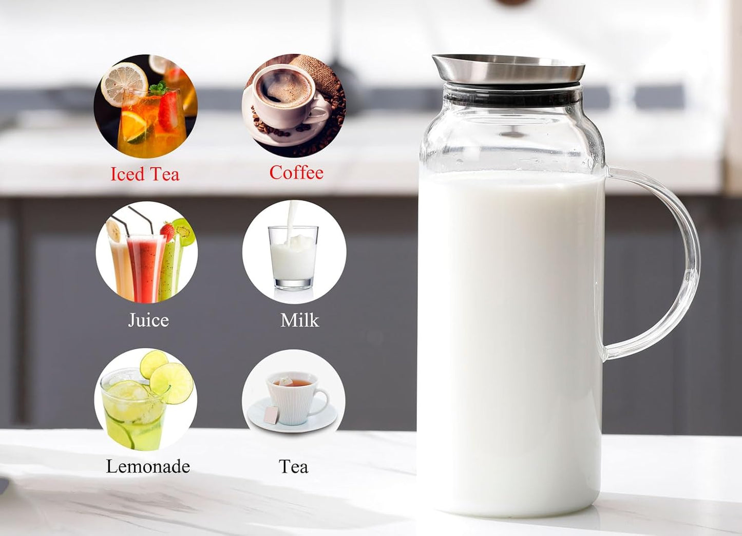 68 Ounces Glass Pitcher with Lid, Hot/Cold Water jug for Coffee, Lemonade, Iced Sun Tea,Beverage, Milk