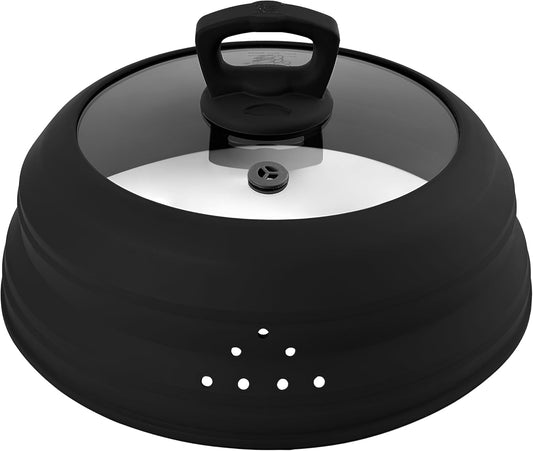 Microwave Splatter Cover Collapsible Silicone & Tempered Glass 11.8 Inch Microwave Cover for Food Splatter Guard with Steam Vents Dishwasher Safe Fits Bowls, Plates & Pots (Black)