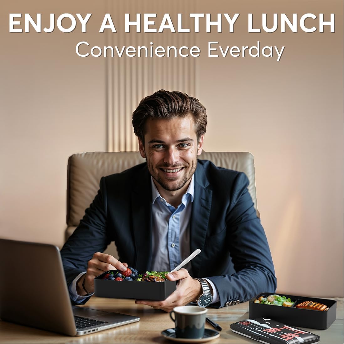 Umami Bento Box Adult All-In-1 w/4 Utensils, 2Sauce Jars, 2 Dividers, 100% Leakproof, Microwave & Dishwasher Safe, Stackable Bento Lunch Box Containers for Men/Women, Matte Black - Miyajima, 40 oz