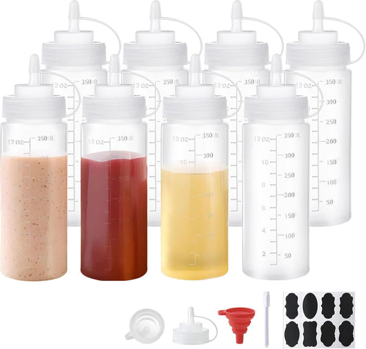 8 Pack 12 oz Plastic Squeeze Squirt Condiment Bottles with Cap Lids - Perfect for Condiments, Oil, Icing, Liquids–Set of 8 with extra 1 Silicone Funnel, 8 Chalk Labels and 1 Pen