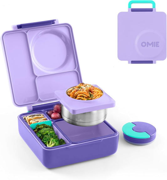 OmieBox Bento Box for Kids - Insulated Bento Lunch Box with Leak Proof Vacuum Insulated Food Jar - 3 Compartments, Two Temperature Zones (Purple Plum)