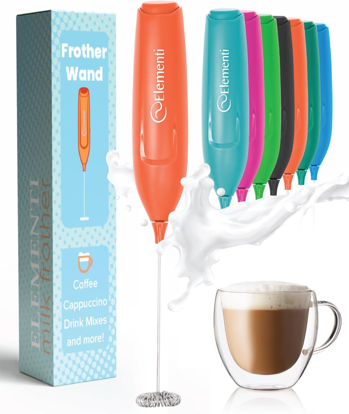 Elementi Powerful Frother Wand – Lightweight Milk Frother & Drink Mixer Handheld, Matcha Whisk for Dreamy Lattes, Powerful Coffee Mixer Wand & Stirrer - Make Creamy Cappuccinos at Home (Orange)