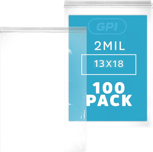 GPI Pack of 100 13" X 18" Clear Plastic Reclosable Zip Bag - Bulk 2 Mil Thick Strong & Durable Poly Baggies with Resealable Zip Top Lock for Travel, Storage, Packaging & Shipping.