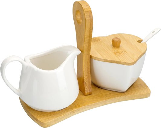 Creamer and Sugar with Carry Tray Set, Ceramic Cream and Sugar Bowl Set with Spoon & Lid, Vintage Cream Pitcher Sugar Jar with Tray, Creamer Dispenser Sugar Holder Container, Coffee Serving Set