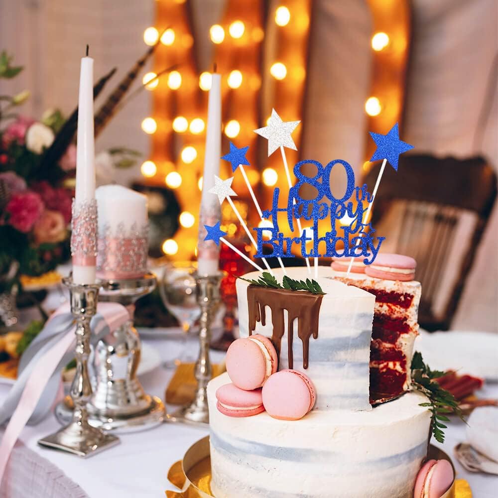 Glittery 80th Happy Birthday Cake Topper with Star,Personalised 80 Birthday Cake Toppers Party Decorations Party Supplies for Men Women Blue