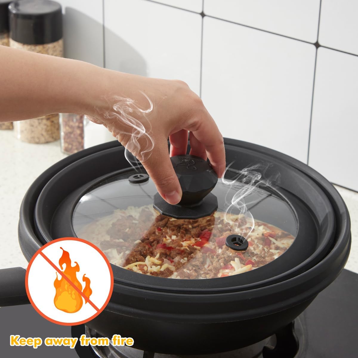 Microwave Splatter Cover Vented Glass Cover Splatter Guard Lid with Collapsible Silicone for Food as Pot Cover Plate Cover 10.8 inch for 6 7 8 9 10 inch Plate Bowl Black