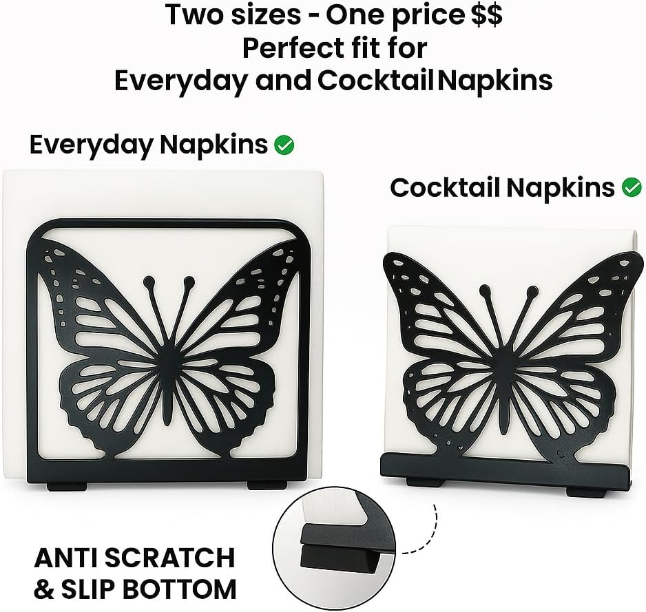 Butterfly Napkin Holder Set – 2 Pack Metal Stand for Everyday & Cocktail Napkins | Modern Black Decorative Coffee Filter Holder for Kitchen, Coffee Bar, Party, Dining Table & Gift