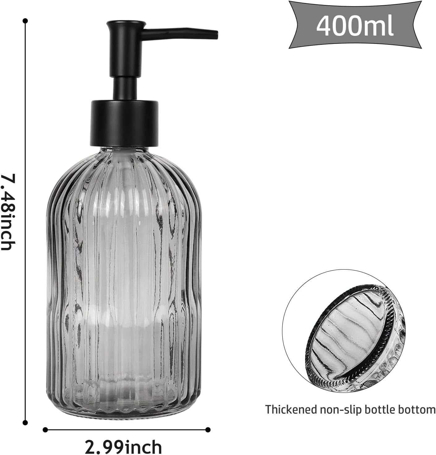 14Oz Black Pump Glass Soap Dispenser, Gray Stripe Countertop Refillable Liquid Bottle Hand Dish Lotion Dispenser with Plastic Pump, for Kitchen, Bathroom