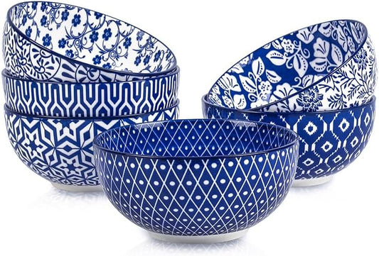 Selamica Ceramic 12 OZ Dessert Bowls Set, Ice Cream Bowls, 4.7 Inch Small Bowls for Snack, Side Dishes, Rice, Microwave Dishwasher Safe, Set of 6, Vintage Blue
