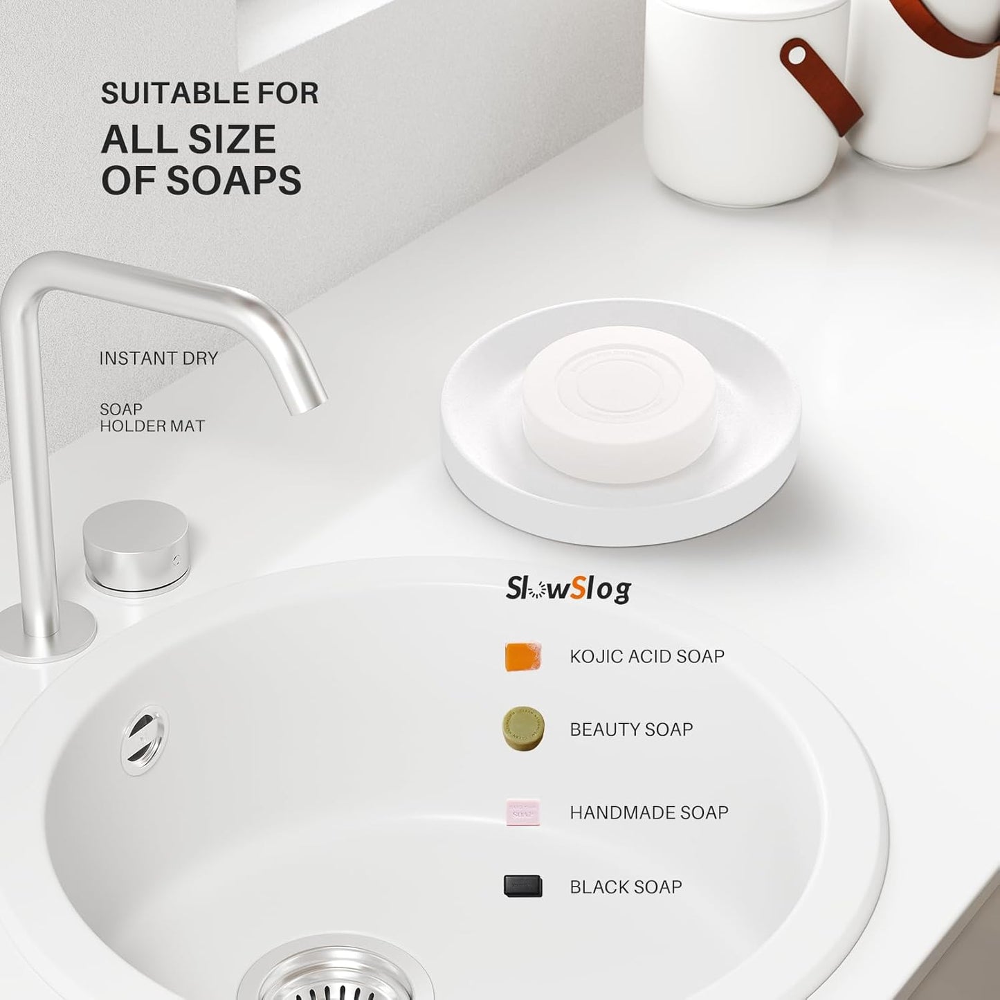 2 Pack Diatomite Soap Dish Holder, Quick Dry Stone Bar Holder, Water Absorbent Bath Dish Holder, Diatomaceous Earth Soap Tray for Hand Soap, Sponge Organizer, White