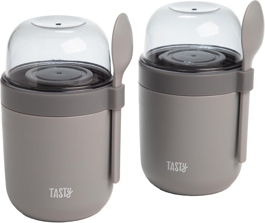 Tasty Travel Snack Cups with Spoons, On-The-Go Snacking, Divided Compartments, Great for Nuts, Cereal, Granola, Yogurt and More, Made Without BPA, 2-Pack, Gray