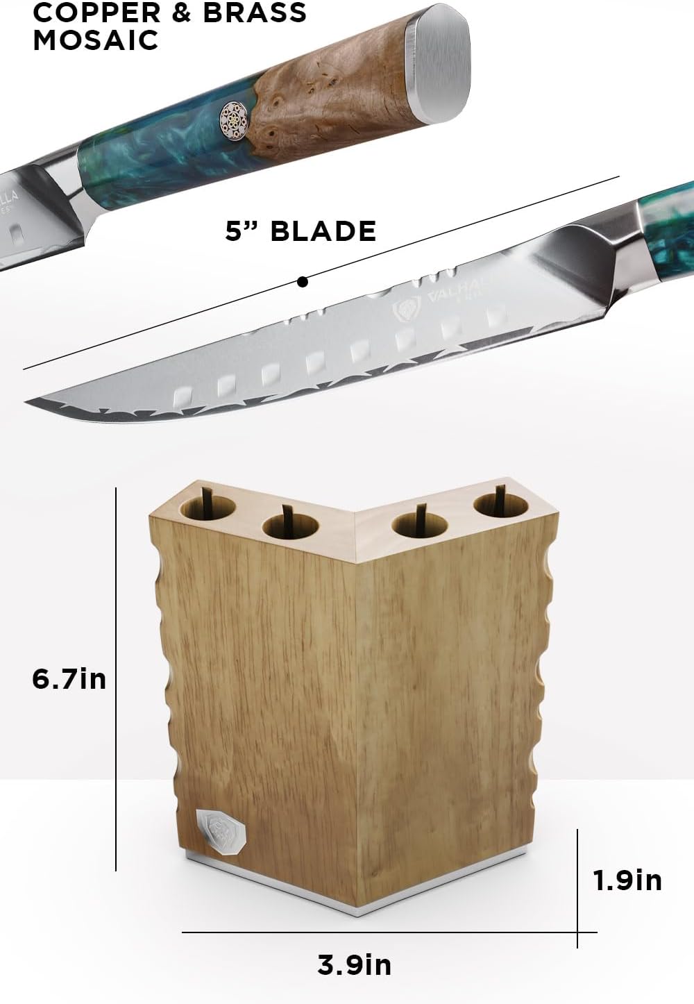 Dalstrong Steak Knives Block Set - 5 inch 4 Piece Set - Valhalla Series - Premium 9CR18MOV HC Steel - Celestial Resin & Wood Handle - Razor Sharp - Kitchen Cooking Chef's Knife - Leather Sheath