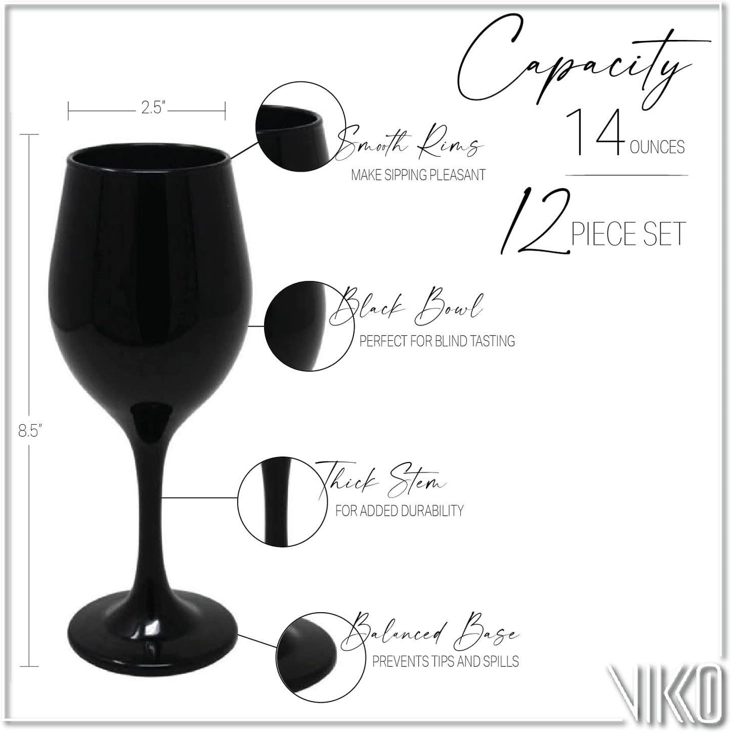 Vikko Black Wine Glasses Set of 6 Glasses Drinking Set Wine Glass, 14 Oz Glass Cup Set With Stem For Red And White Wine, Thick And Durable Wine Glass, Dishwasher Safe