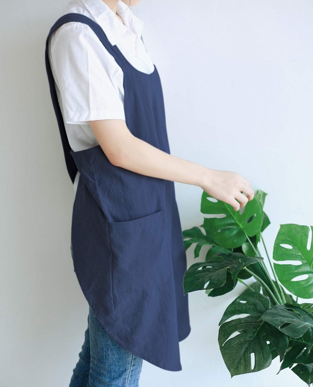 NEWGEM Japanese Linen Cross Back Cooking Aprons for Women Men with Pockets Cute for Baking Kitchen