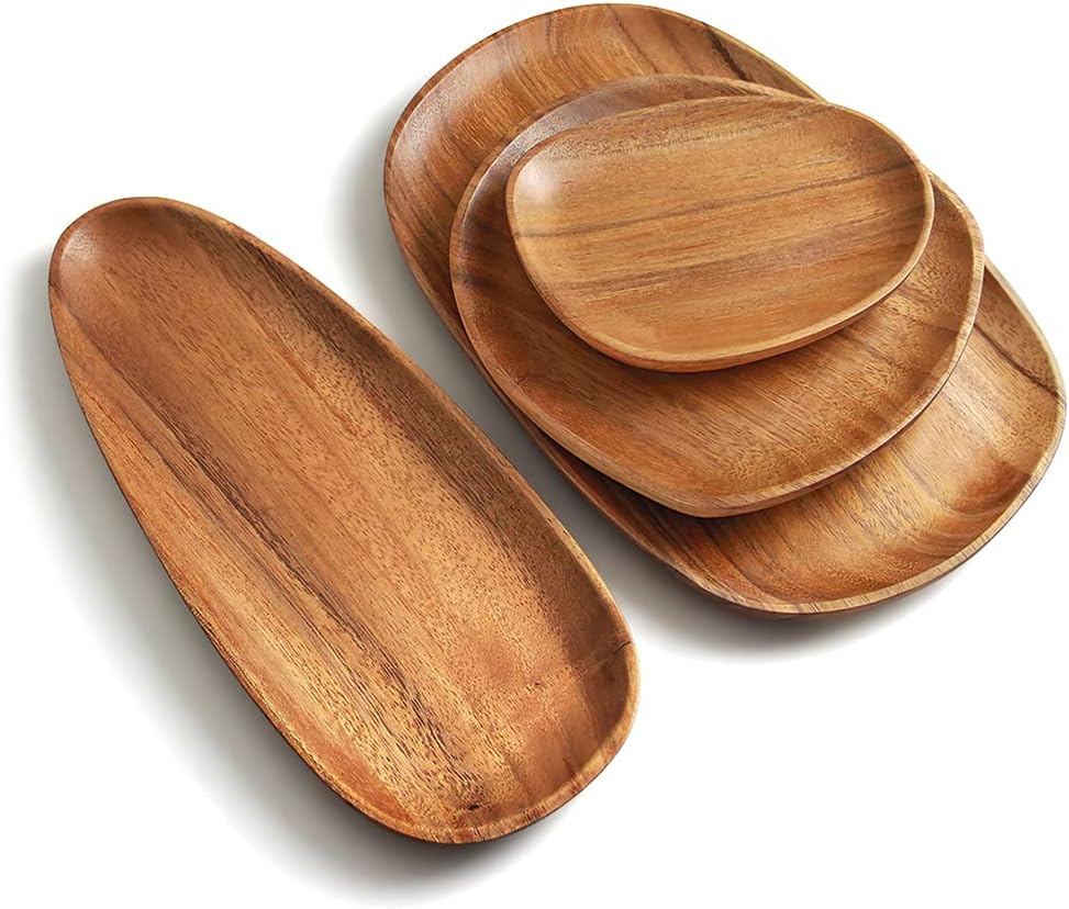 AOOSY Wood Serving Tray, Wooden Serving Platters Set for Serving Food, Fruit, Vegetable, Meat Breakfast Lunch Dinner in Bed Decorative Bread Plates Party Wood Serving Board, Set of 4