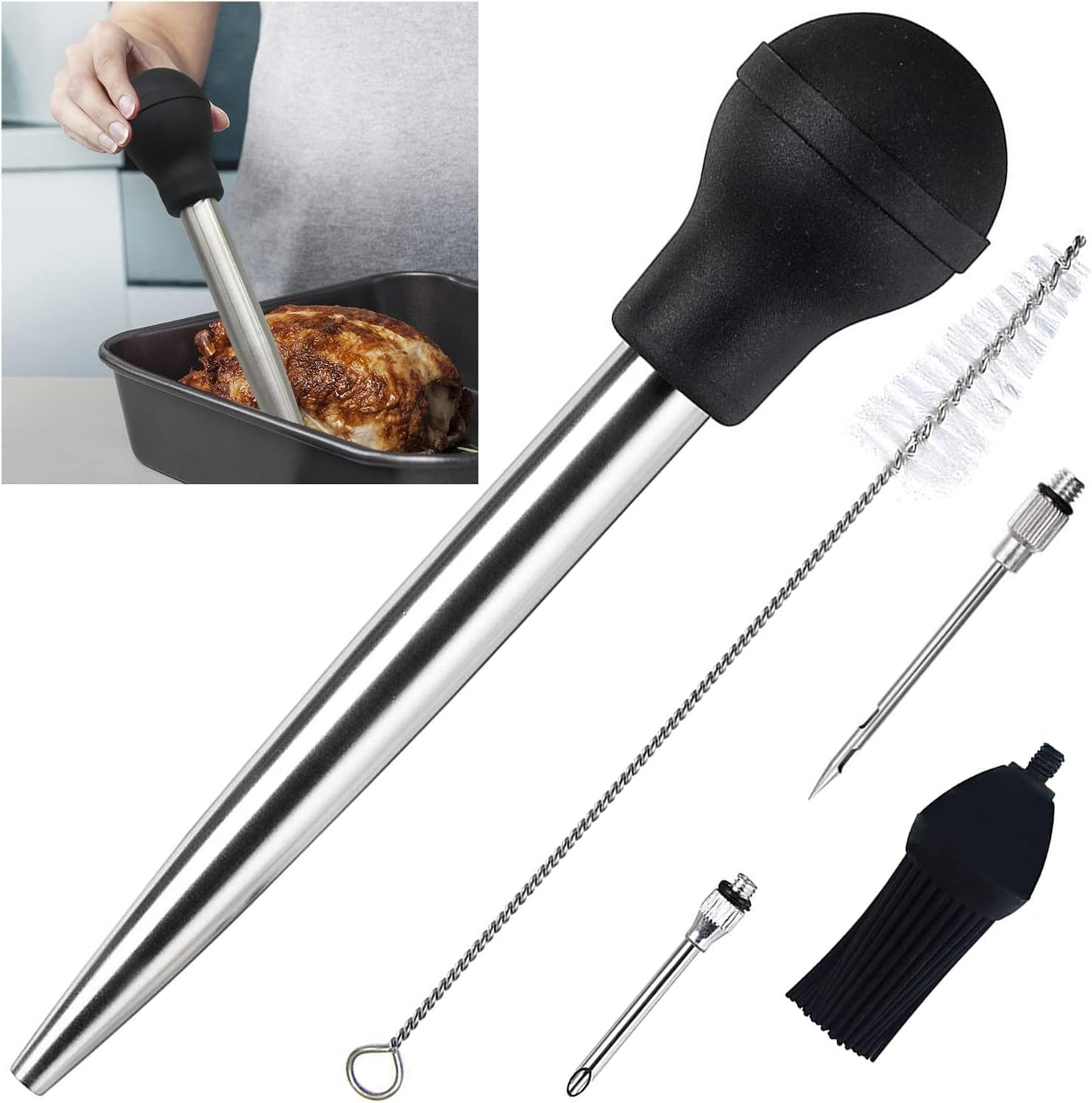 Best Utensils Stainless Steel Turkey Baster Commercial Grade Quality Rubber Bulb Including 2 Marinade Injector Needles And Silicone Basting Brush