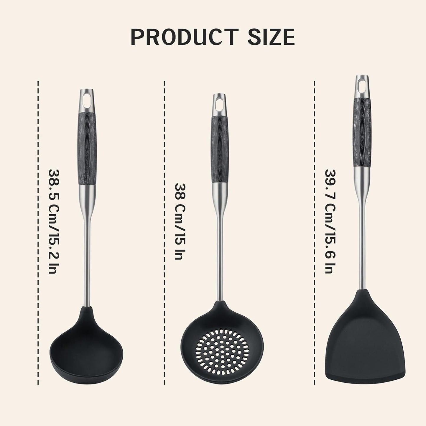 FJNATINH Silicone Wok Spatula,Ladle,Skimmer Tool Set - Stainless Steel Wok Tools, Wok Utensil,Non Stick Heat-Resistant Cooking Utensils BPA Free Kitchen Utensils Cookware (Black Stainless Steel-3PCS)